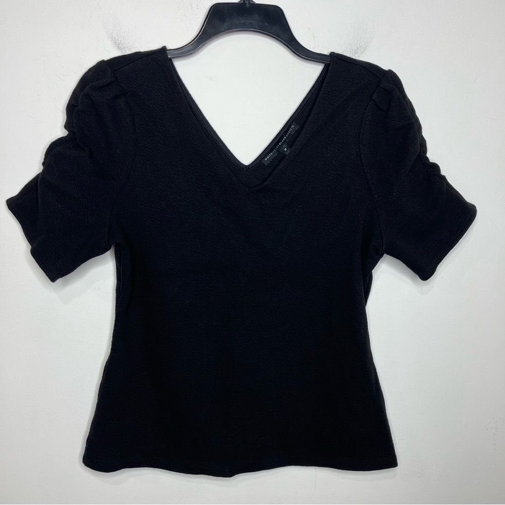 White House Black Market black b-neck blouse rouched sleeve women’s size medium